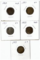 (5) Indian Head Cent Lot 1860,1880,1881,1882,1883