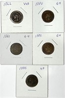 (5) Indian Head Cent Lot 1862,1880,1881,1882,1883