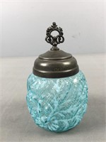 Blue Opalescent Glass Biscuit Jar W Lid