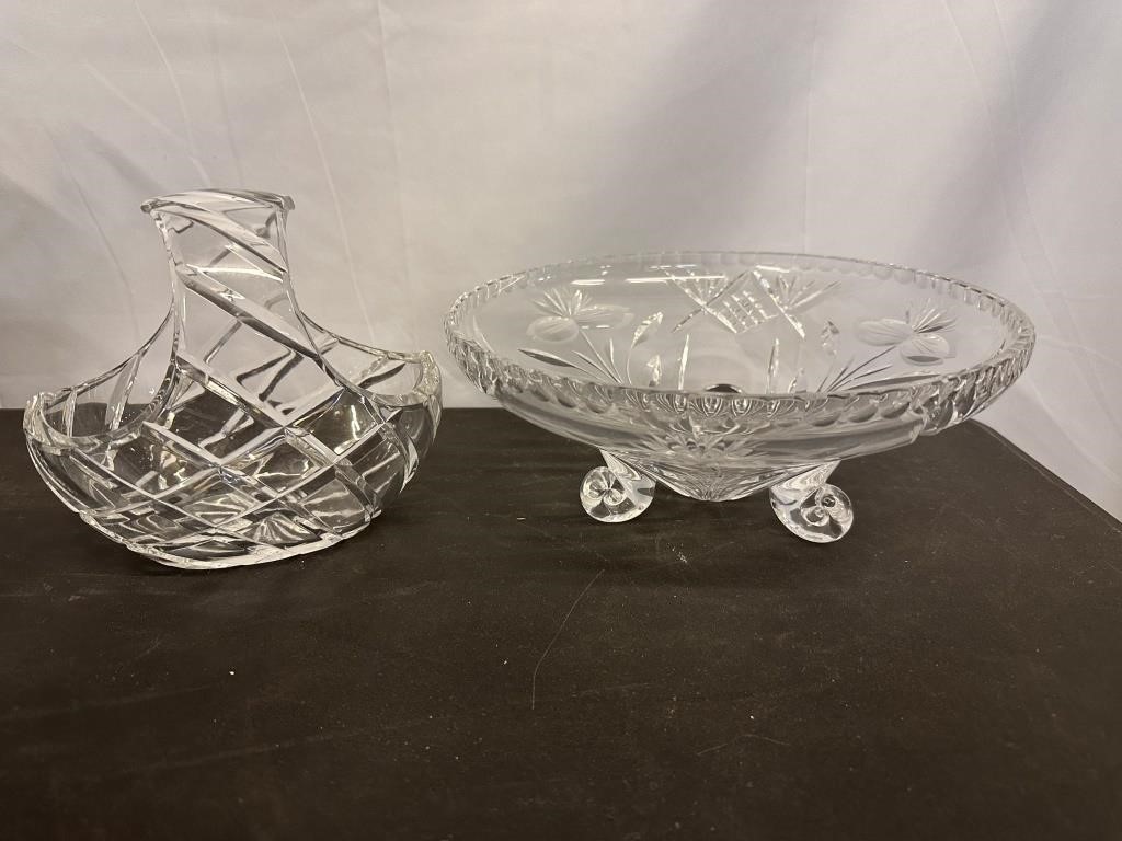 Footed glass bowl & crystal-cut glass basket