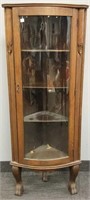 Antique oak curved glass corner cabinet with claw