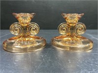 1930's Fostoria Amber "Scroll" Candlestick Holders