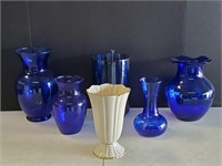 (5) Cobalt Blue Vases And (1) Lenox Vase