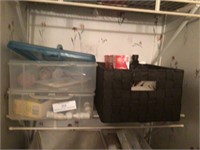 Shelf w/Plastic Organizer Boxes & Vet Supplies