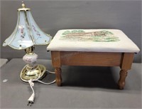 Needlepoint Footstool & 3-way Touch Lamp