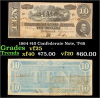 1864 $10 Confederate Note, T-68 Grades vf+