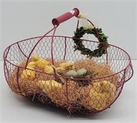 Red Chicken Wire Basket w/ Porcelain Baby Chicks