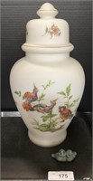 Hand Painted Peafowl White Frosted Ginger Jar.