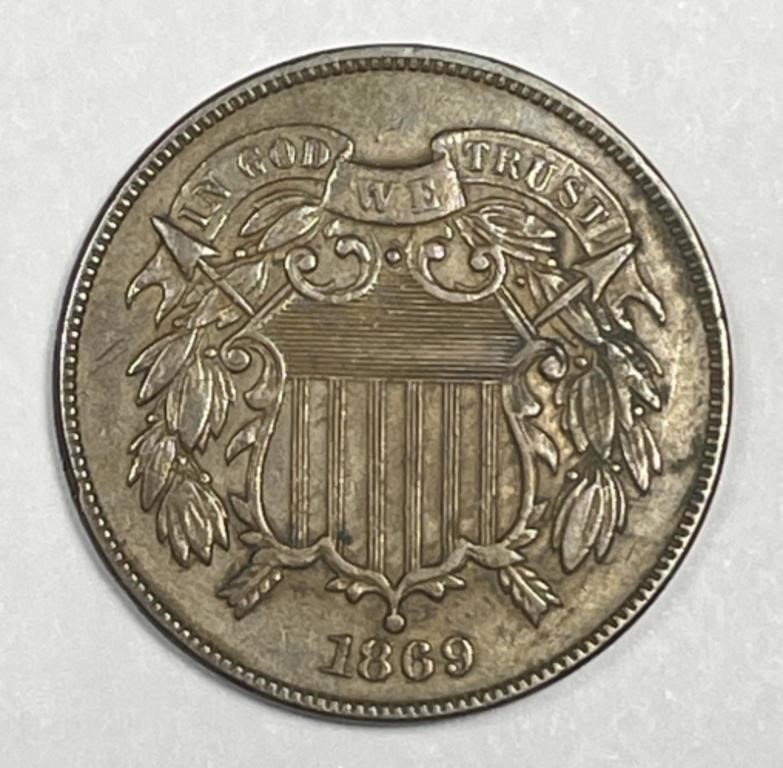 1869 Two Cent Piece Choice About Uncirculated AU+