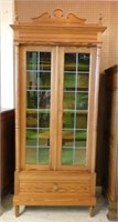 Henri II Style Fir Wood Leaded Glass Bookcase.