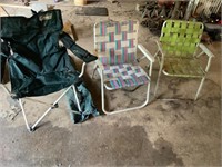 2 vintage lawn chairs and one folding camp chair