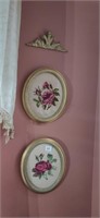 Pr of Needlepoint Rose Pictures and Brass Decor