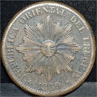 1869 Uruguay 4 Centesimos Large Copper Coin