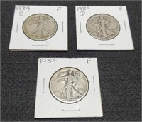 1934-P,D,S Walking Liberty Half Dollars, All Fine