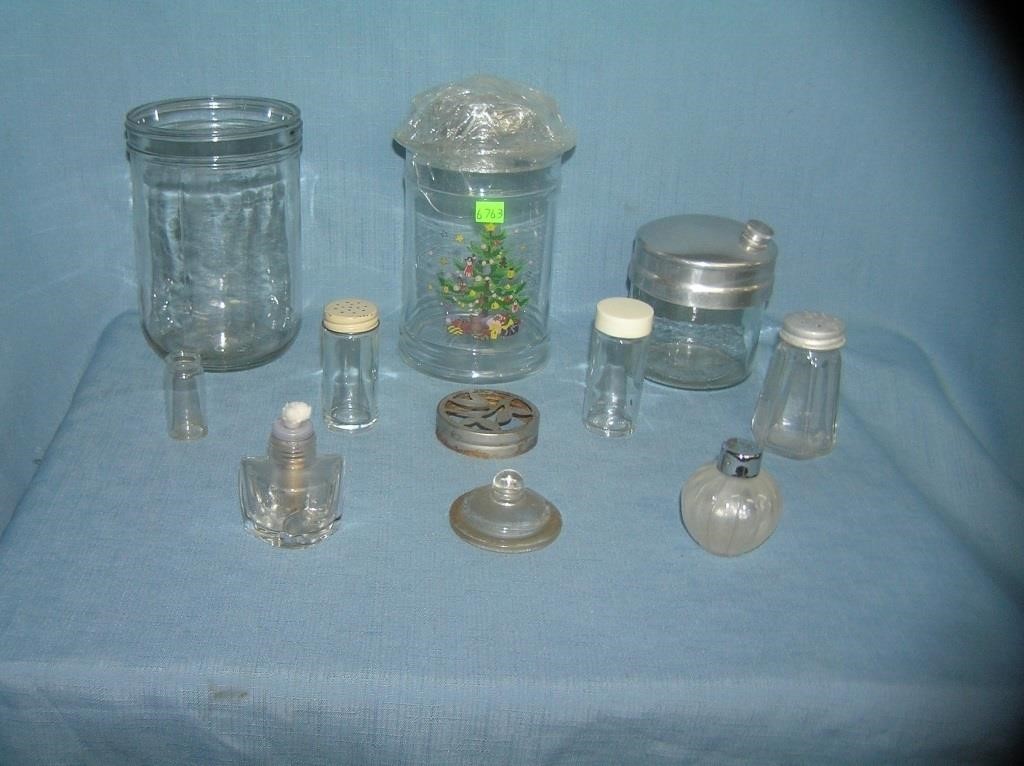 Group of vintage misc. glass bottles and lids