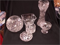 Five pieces of cut glass: 14" high vase, 8"