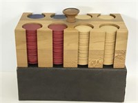 Vintage poker chips in wooden case