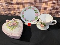 Pink Floral Dish, Teacup and Plate