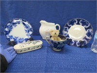 2 england flow blue plates & holders -old butter