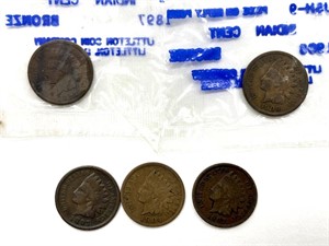 (5) Indian Head Cents : 1897, 1904, 1907, and