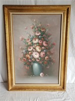 Oil on Canvas Vase w/ Flowers Signed 32 x 44"