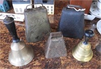 (3) vintage cow bells, and (2) brass school