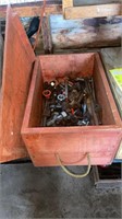 Wooden Toolbox with various large bolts, nuts,