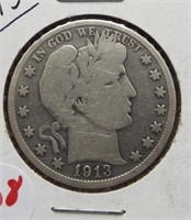 1913 Barber silver half dollar.
