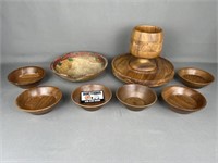 Wooden Cup and Serving Tray and Seven Wooden Bowls