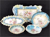 5 Pieces Painted Porcelain w Blue Grounds, Florals