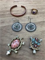 Vntg Costume Jewelry Turtles & SW Copper Cuff/More