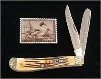 Old timer Schrade duck stamp knife & stamp