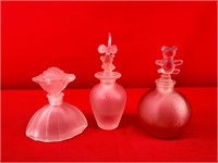 3 Antique Frosted Pink Glass Perfume Bottles