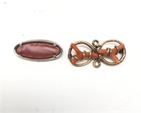 2 Victorian Pins Coral GF Pink Stone Sterling