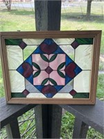 VINTAGE FRAMED STAINED GLASS WINDOW PANEL 14.25T