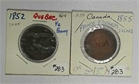 1852  Quebec 1/2 Penny & 1855  PEI  Tokens