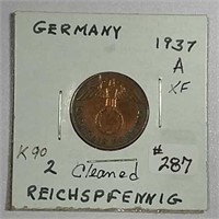 1937-A  German  2 Reichspfenning   XF  cleaned
