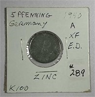 1940-A  German  5 Pfenning   XF-details  Zinc