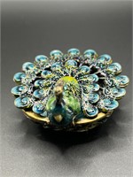 Beautiful Enamel Over Metal Peacock Trinket Box