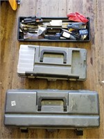 2 plastic tool boxes with misc. tools, sockets, kn