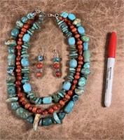 ( PCS) TURQUOISE & CORAL MULTI CHAIN NECKLACE