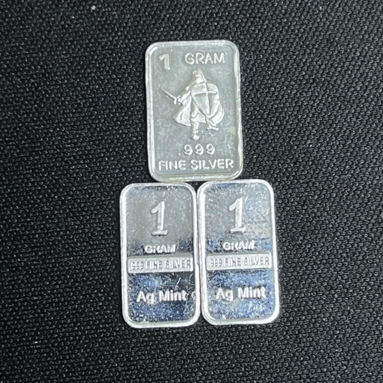 (3)- 1 gram Fine Silver Art Bars - Assorted
