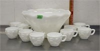 Vintage white glass punch bowl set, note