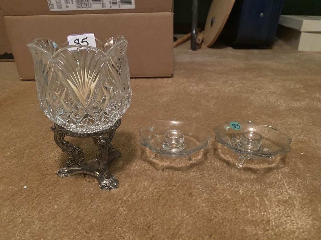 Footed candle holder set with crystal and brass