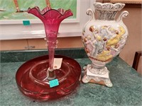 Red Glass Table Centrepiece and a Pottery Vase