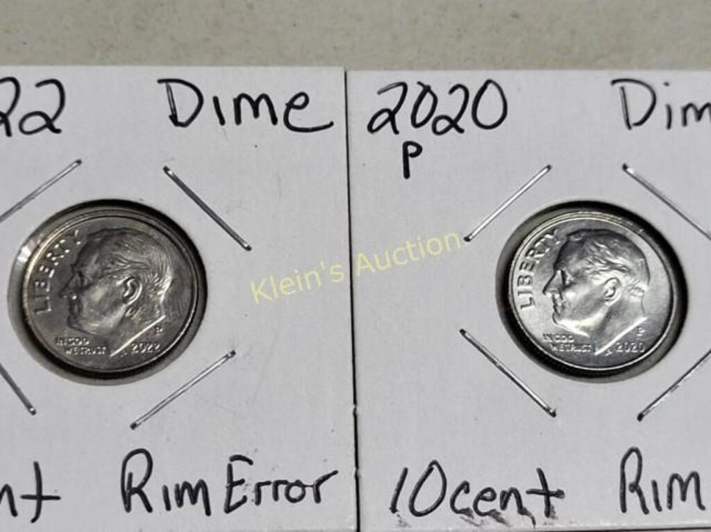 2 rim error Roosevelt dimes coins 2022P & 2020P