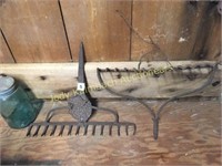 pair of antique iron rake heads for repurpose