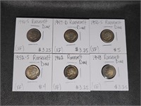 Lot of 6 Silver Roosevelt Dimes: 1946 S, 1947 D,
