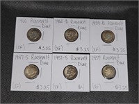 Lot of 6 Silver Roosevelt Dimes: 1947 S, 1951 S,