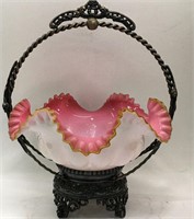 Victorian Pink Glass Bride's Basket